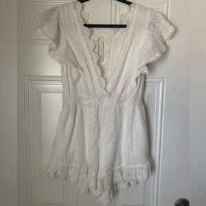 White Embroidered Romper With Eyelet Trim Ruffles Size M
